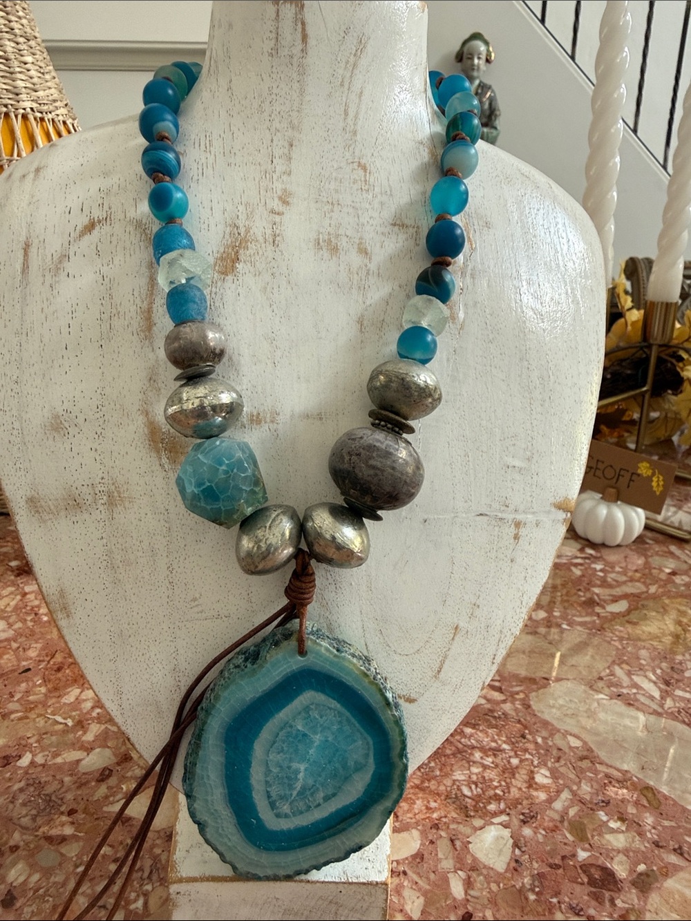 Arrow Blue Agate Slice Necklace with Mixed Beads
